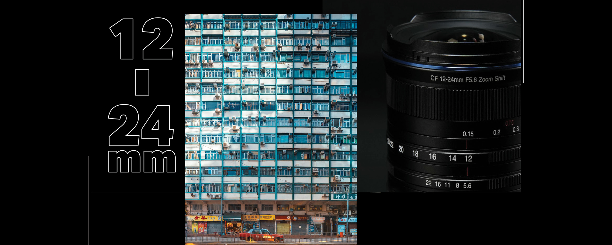 Obiektyw Venus Optics Laowa C-Dreamer 12-24 mm f/5,6 Shift do Fujifilm X obok fotografii przedstawiającej blok mieszkalny